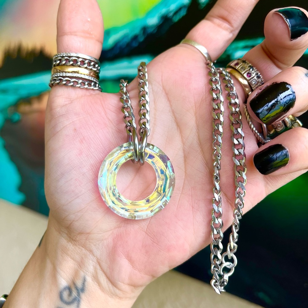 Rainbow Crystal necklace . Swarovski iridescent circle steel cuban chain choker - Picture 7 of 16